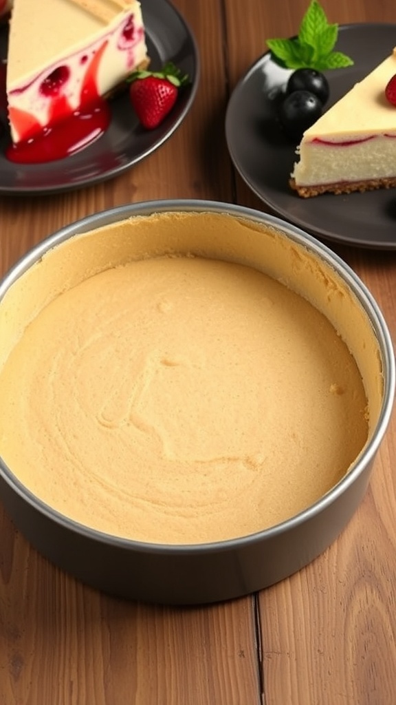 Keto Almond Flour Cheesecake Crust Recipe A golden almond flour cheesecake crust in a springform pan, ready for filling, with a slice of cheesecake and berries on a plate.